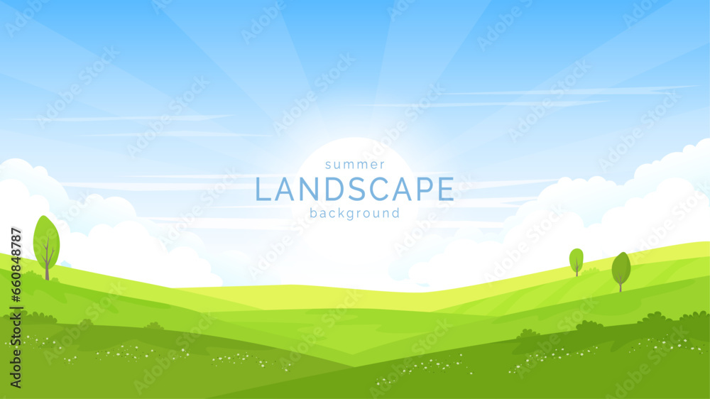 Rural landscape. Fields and meadows covered with green grass, flowers and trees. Summer sunny day, clear sky. Agriculture, farm, land, fields. Banner, postcard, background design. Vector image.