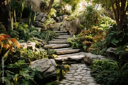 A garden with a pathway and abundant vegetation and rocks. Generative AI