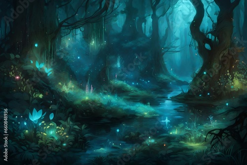 A mystical forest filled with bioluminescent plants and creatures.