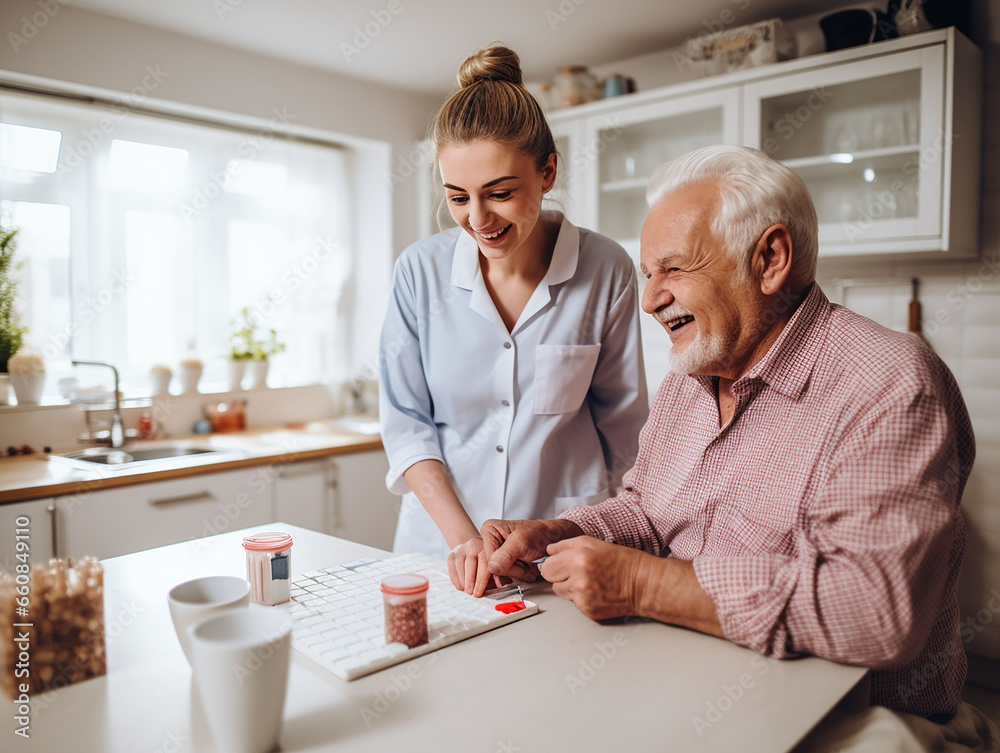 Obraz premium nurse explains to an elderly patient how to use the tablets during a home visit