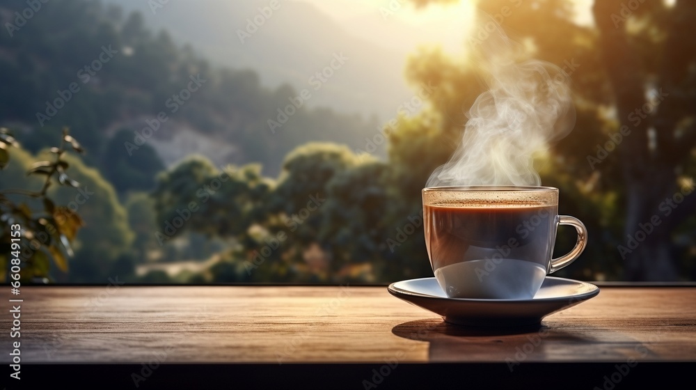 Cup of coffee on table with nature in background, AI-generative - obrazy, fototapety, plakaty 