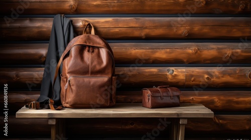 A leather travel backpack and its essentials are showcased against a backdrop of rustic wooden wall. photo