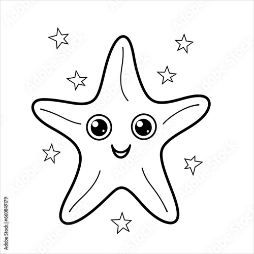 Cute funny starfish for coloring. Vector template for a coloring book with funny animals. Colouring page for kids.	