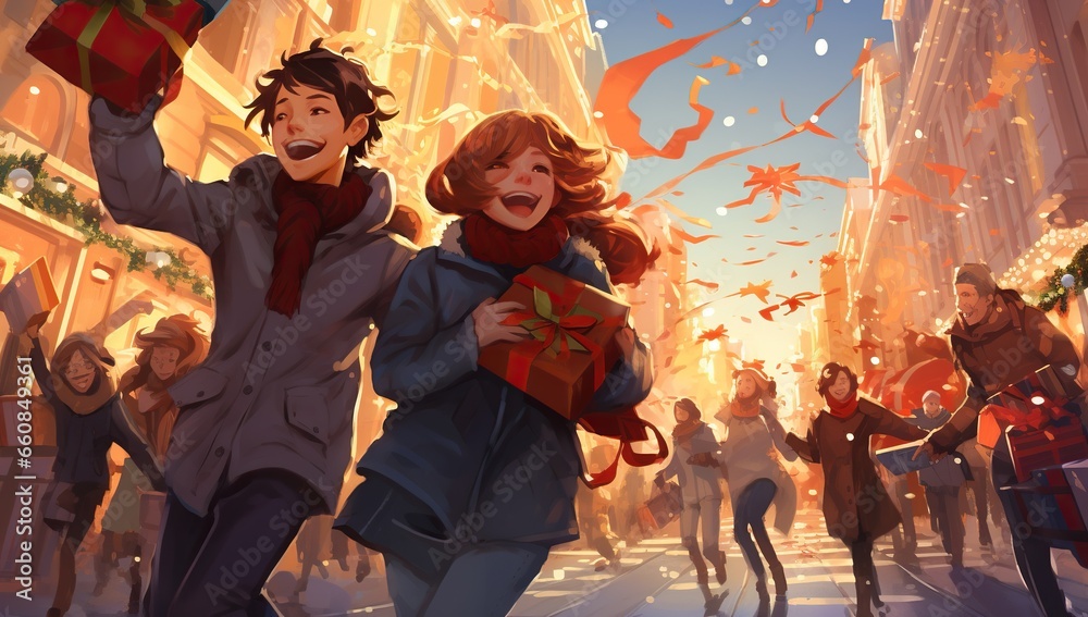 A happy couple walks along a busy street carrying gifts. Anime New Year and Christmas concept.