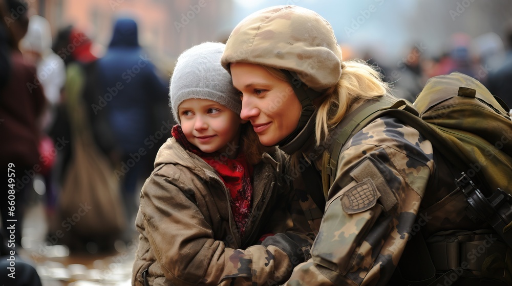 Female medical soldier hugging her child Female medical soldier hugging her child