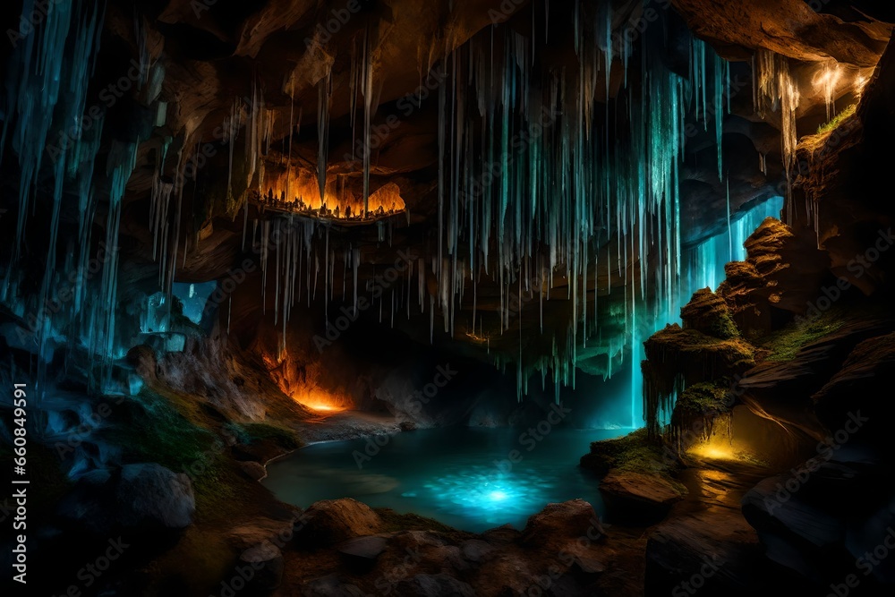 A hidden cave filled with glowing crystals and underground waterfalls.