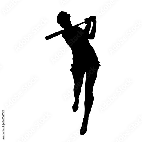 Silhouette of a slim woman swinging a baseball batter