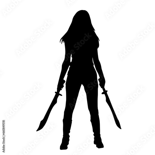 Silhouette of a female warrior in medieval costume carrying sword weapon.