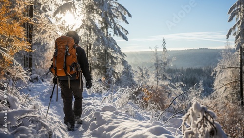 Hiker with a backpack on the trail in the winter forest.