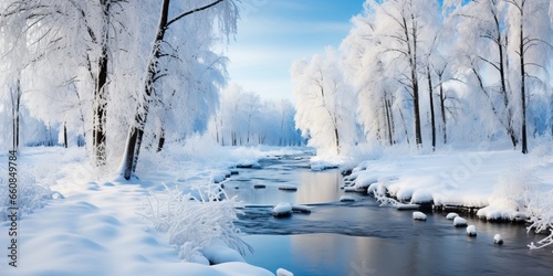 Beautiful winter landscape with a frozen river, trees and blue sky © Meow Creations