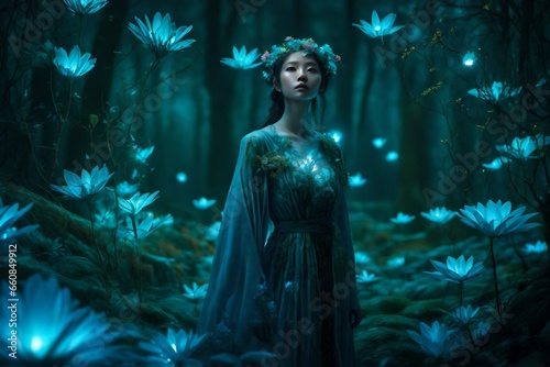 A half-body model adorned in a mystical, ethereal costume, standing amidst a forest filled with bioluminescent flora.