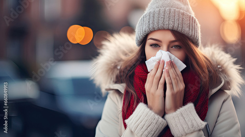 A young woman with flu. Blowing her nose into a tissue. Concept of cold or allergy season.