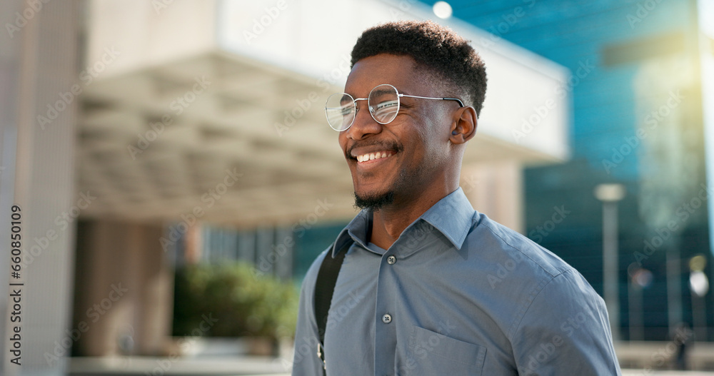 Fototapeta premium City, happy face and professional black man on walk journey, commute and businessman smile on way to office building. Happiness, moving and African worker on morning travel to work in Chicago, USA