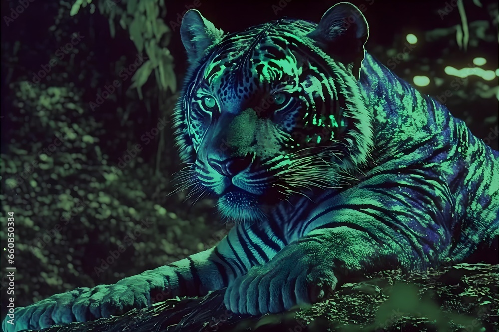 stillframe from Legend of Zelda as liveaction film magic green tiger in jungle Darkfantasy 1987 Magic glitter sequins neon lights  - obrazy, fototapety, plakaty 