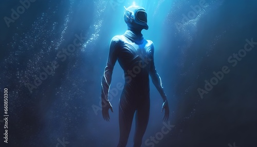 Full body diver in diving suit going deeper and deeper reaching dark blue depths 