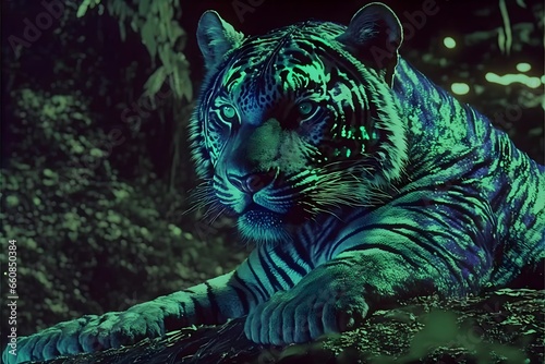 stillframe from Legend of Zelda as liveaction film magic green tiger in jungle Darkfantasy 1987 Magic glitter sequins neon lights  photo