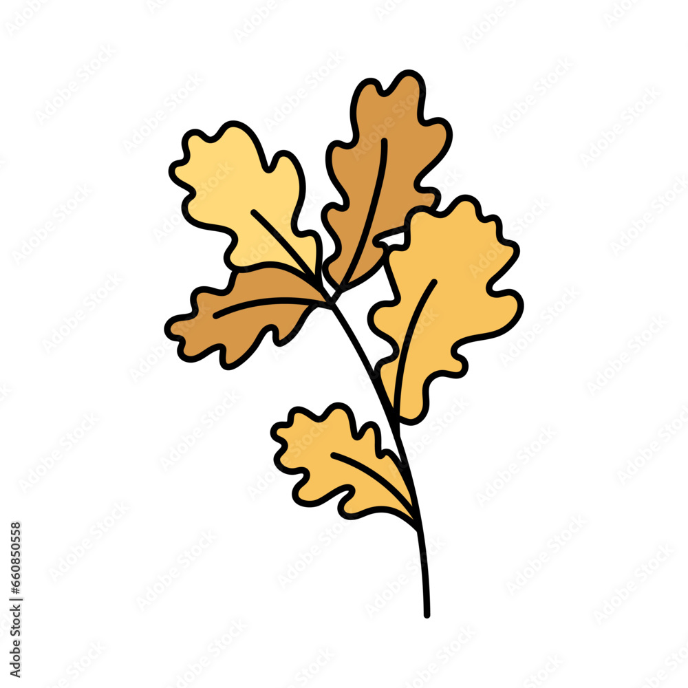 Obraz premium Cute yellow twig with oak leaves. Hand drawn detailed vector illustration.