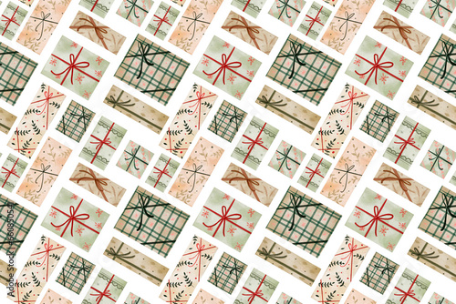 Watercolor pattern with present boxes with ribbon for holidays, birthdays, New Year and Christmas. Vintage style