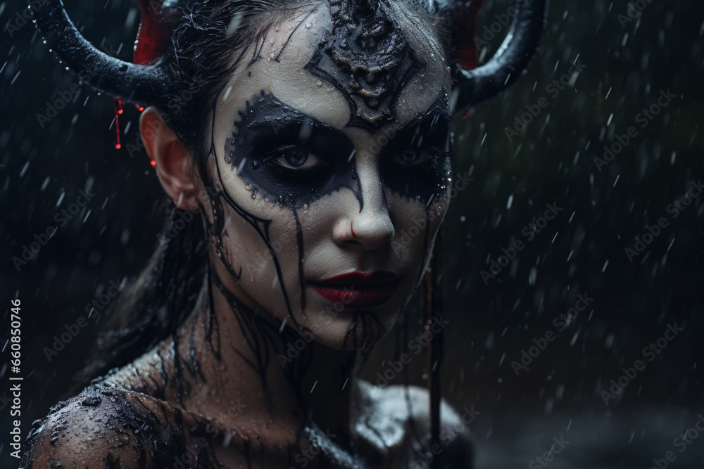 A devil with makeup in the rain, in the style of epic fantasy scenes, beautiful tormented female