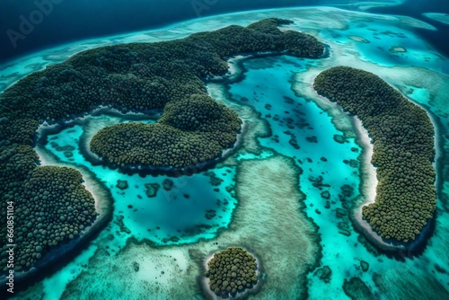 A vibrant coral atoll seen from above, with intricate reef formations and shades of blue ranging from deep navy to aquamarine. photo