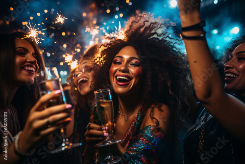 A group of young people wearing colorful fashion, holding champagne glasses with sparklers, celebrating a new year in a disco event