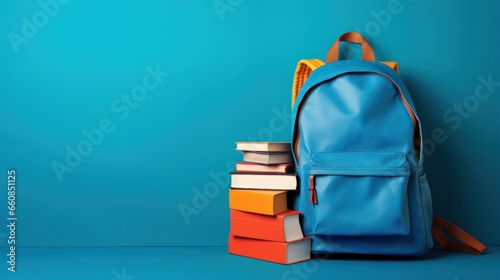 A complete school backpack with books, isolated on a blue background with available copy space.