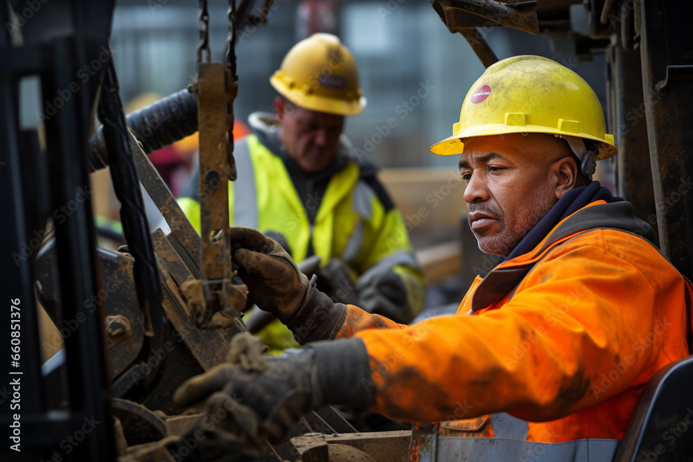 Dynamic Collaboration: Construction Workers Operating Heavy Machinery with Precision and Focus at a Construction Site Dynamic Collaboration: Construction Workers Operating Heavy Machinery with Precision and Focus at a Construction Site