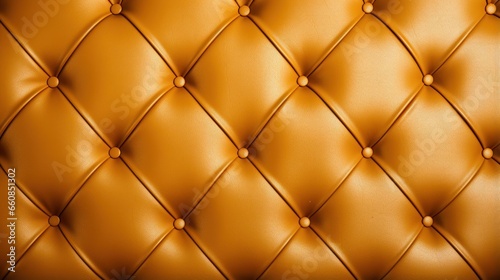 Close-up of genuine leather texture in gold upholstery with intricate brown rhombic stitching  presenting a luxurious background.