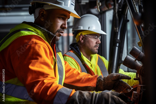 Dynamic Collaboration: Construction Workers Operating Heavy Machinery with Precision and Focus at a Construction Site