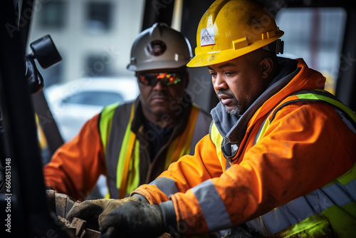 Dynamic Collaboration: Construction Workers Operating Heavy Machinery with Precision and Focus at a Construction Site