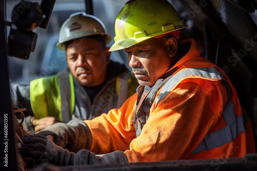 Dynamic Collaboration: Construction Workers Operating Heavy Machinery with Precision and Focus at a Construction Site