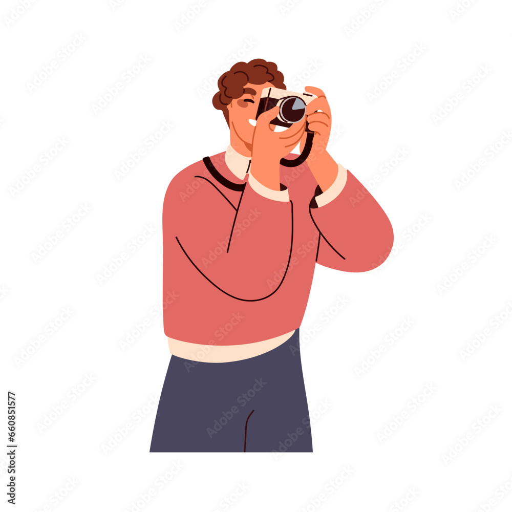 Man photographer taking photo, shooting, holding camera in hand. Happy person capturing picture, shots, photographs. Photography hobby. Flat graphic vector illustration isolated on white background Man photographer taking photo, shooting, holding camera in hand. Happy person capturing picture, shots, photographs. Photography hobby. Flat graphic vector illustration isolated on white background