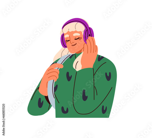 Happy woman listening to music in headphones. Smiling young girl, modern female enjoying audio, song, favourite tune, melody record, podcast. Flat vector illustration isolated on white background