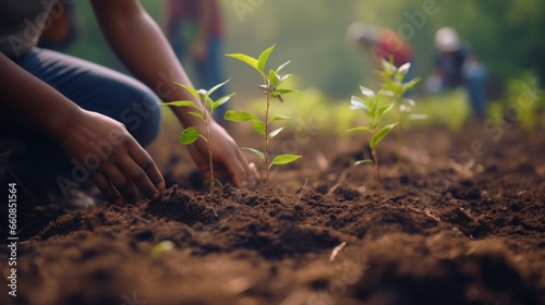 Close up human hands planting trees environment restoration, SCG concept, save the world and earth day. photo