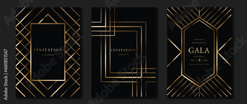 Luxury invitation card background vector. Golden elegant geometric shape, gold lines gradient on dark background. Premium design illustration for gala card, grand opening, party invitation, wedding.