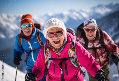 A lifestyle group photo of a nerdy senior woman and man with ski goggles wearing ski clothing and helmet skiing with good friends in the alps, content and happy
