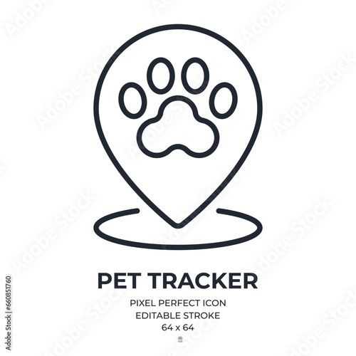 Pet tracker and store map pin editable stroke outline icon isolated on white background flat vector illustration. Pixel perfect. 64 x 64.