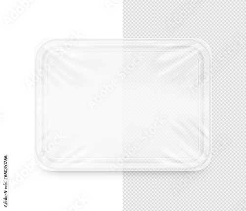 Clear tray container mockup. Vector illustration isolated on white background. Layered template file easy to use for your promo product: meat of animals, chicken, fish. EPS10.