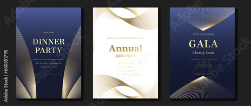 Luxury invitation card background vector. Golden elegant geometric shape, gold lines gradient on blue and white background. Premium design illustration for gala card, grand opening, wedding, cover.