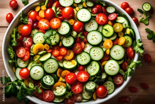 A colorful mix of sliced cucumbers and cherry tomatoes in a salad bowl.