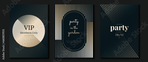 Luxury invitation card background vector. Golden elegant geometric shape, gold lines gradient on dark blue background. Premium design illustration for gala card, grand opening, party invitation.