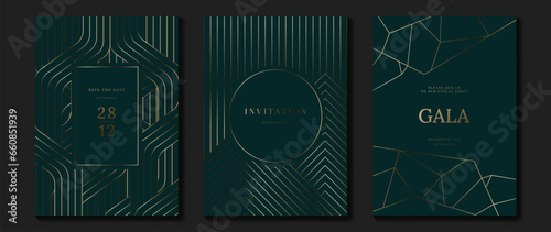 Luxury invitation card background vector. Golden elegant geometric shape, gold lines gradient on dark green background. Premium design illustration for gala card, grand opening, party invitation.