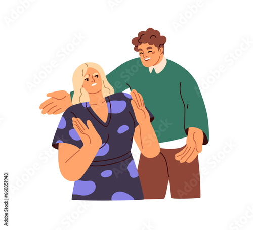 Intrusive man, unwanted hugs, unwelcome awkward touch. Harassment, unrequited love concept. Embarrassed woman hates unpleasant nasty guy. Flat graphic vector illustration isolated on white background photo