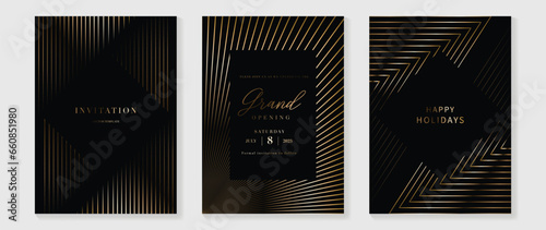 Luxury invitation card background vector. Golden elegant geometric shape, gold lines gradient on dark background. Premium design illustration for gala card, grand opening, party invitation, wedding.