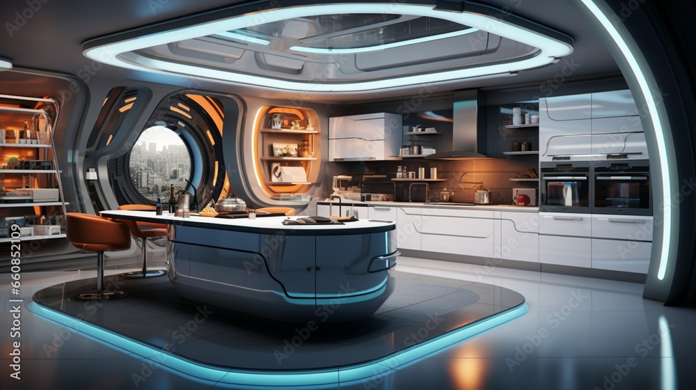 Fototapeta premium Revamp your kitchen with a sleek and futuristic design, featuring high-tech appliances