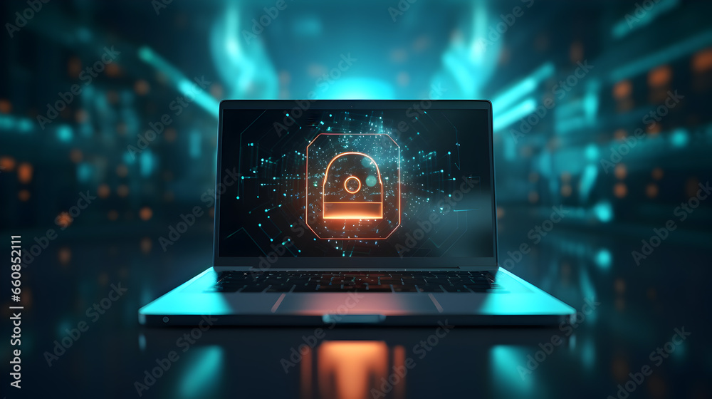 laptop on the screen lock. Cyber security, data protection concept, information safety and encryption concept, digital design - obrazy, fototapety, plakaty 
