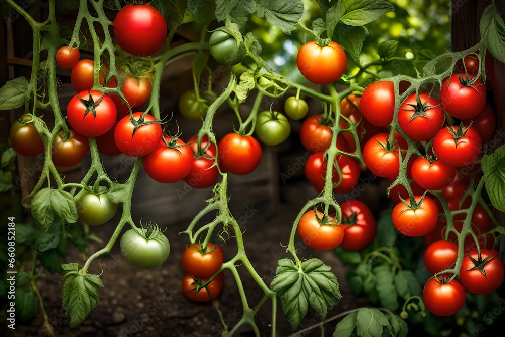 A cluster of ripe red tomatoes hanging on the vine in a rustic garden.