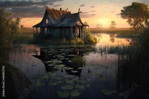 Forgotten swamp village at sunset among swamp vegetation swamp poetry 