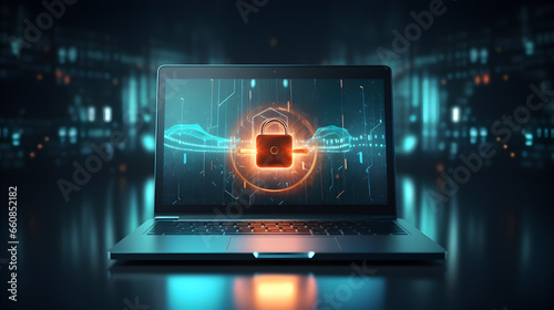 laptop on the screen lock. Cyber security, data protection concept, information safety and encryption concept, digital design