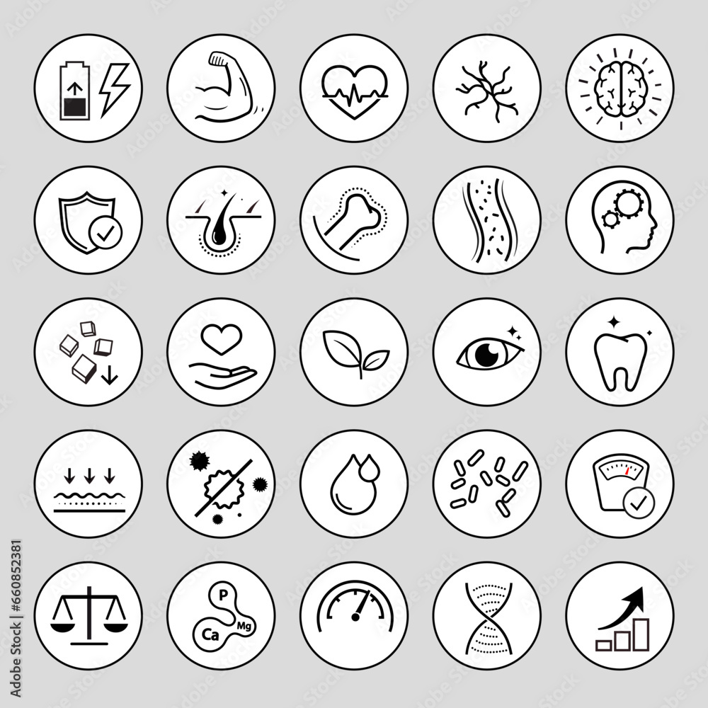 Vitality icon set for human-improving products. The outline icons are well scalable and editable. Contrasting elements are good for different backgrounds. EPS10. Vitality icon set for human-improving products. The outline icons are well scalable and editable. Contrasting elements are good for different backgrounds. EPS10.
